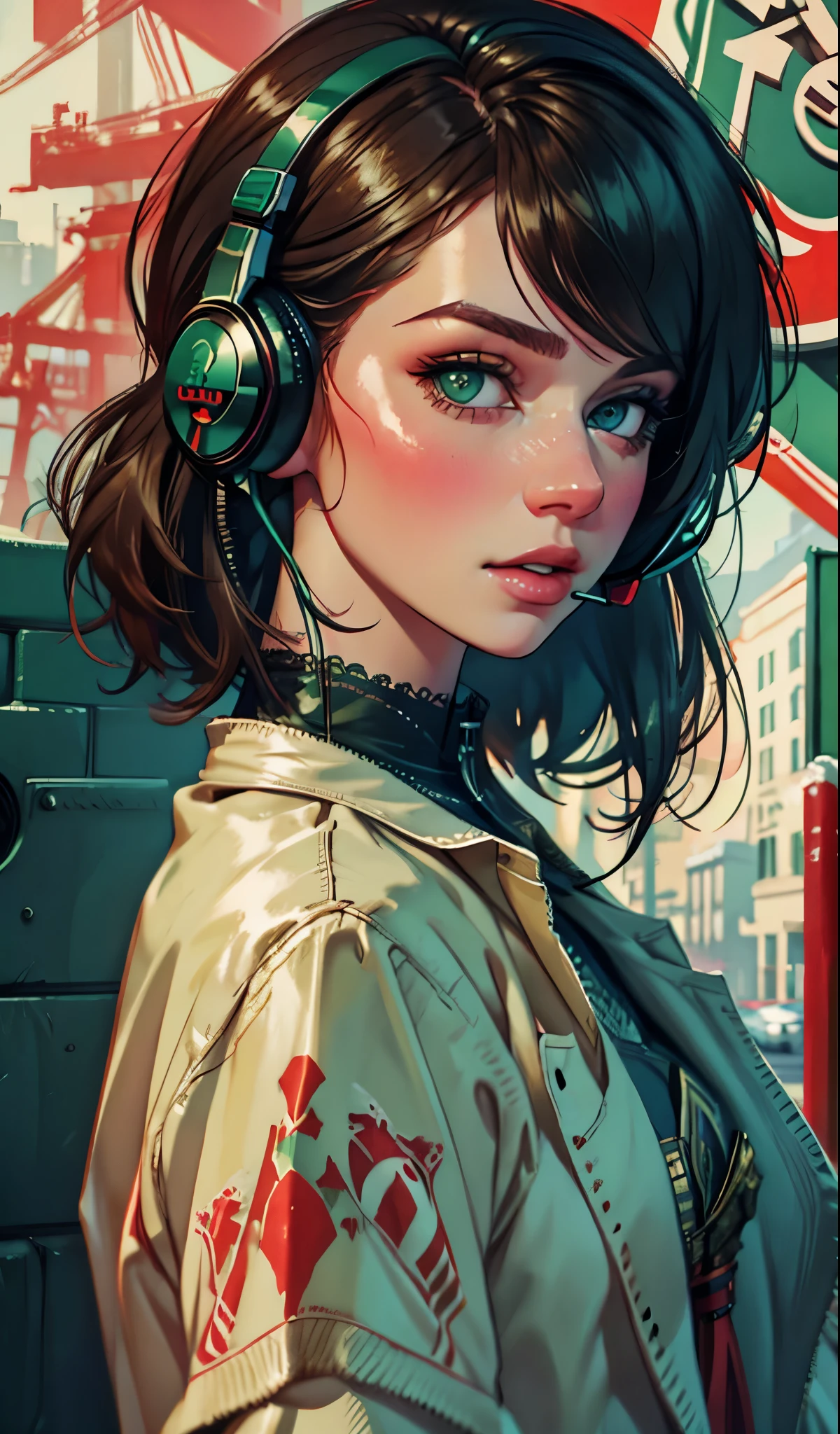 model girl wearing headphones, city background, emerald green eyes, intricate details, aesthetically pleasing pastel colors, poster background, art by conrad roset and ilya kuvshinov