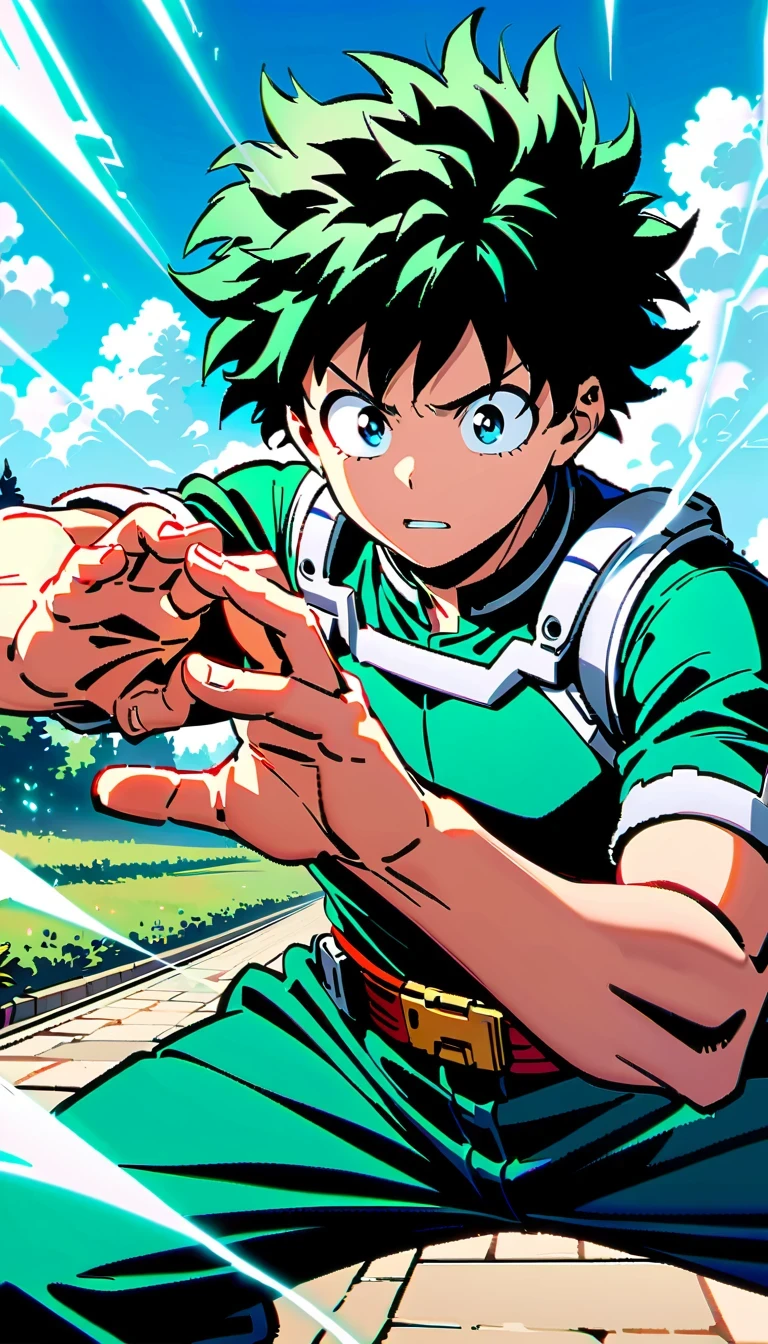 whole body, Izuku Midoriya, Green-haired boy with blue eyes, Wearing a green and white hero costume, Izuku Midoriya出自《my hero academia》, crackling sounds around the hands，Ready to fight, dynamic action poses, Bright blue sky with fluffy clouds background, anime style illustration, 4K resolution, Highly detailed official artwork, Epic comic aesthetics
