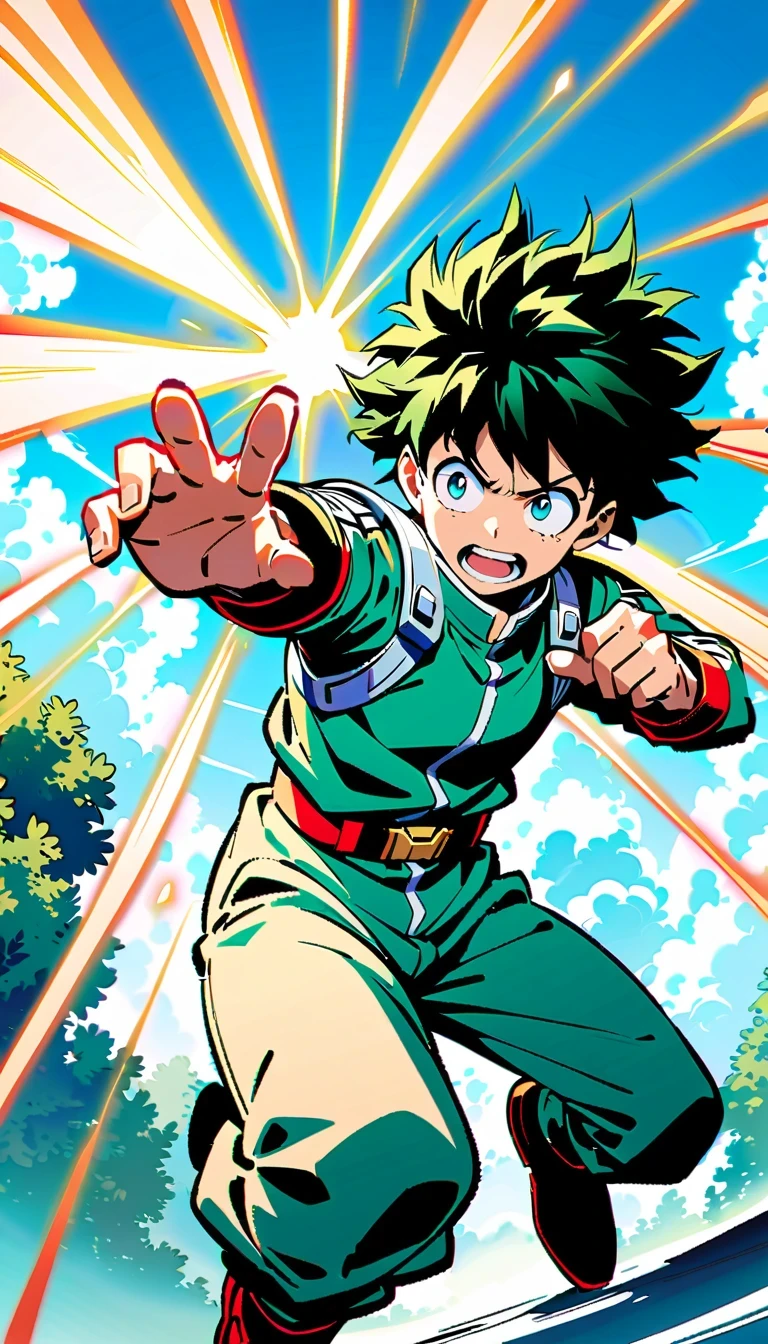 whole body, Izuku Midoriya, Green-haired boy with blue eyes, Wearing a green and white hero costume, Izuku Midoriya出自《my hero academia》, crackling sounds around the hands，Ready to fight, dynamic action poses, Bright blue sky with fluffy clouds background, anime style illustration, 4K resolution, Highly detailed official artwork, Epic comic aesthetics
