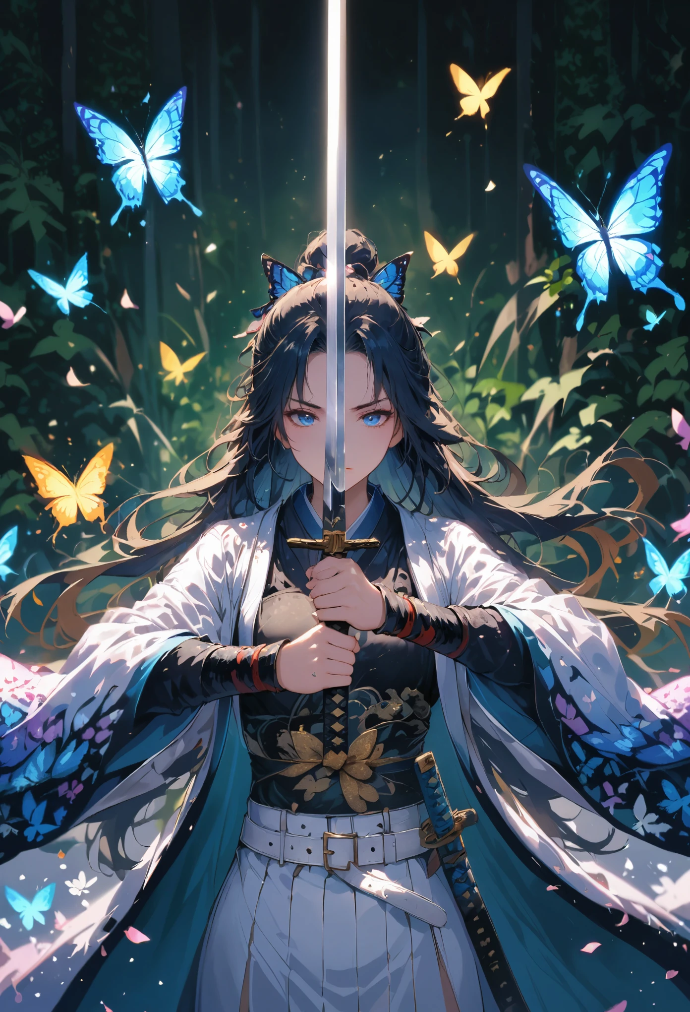 swordsman,1 girl,animal,animal print,belt,belt Buckle up,black hair,blue Butterfly,Buckle up,loopholes,Butterfly,Butterfly hair accessories,Butterfly on hand,Butterfly print,forehead,glowing Butterfly,gradient hair,hair accessories,Haori,Keep,Keep sword,Keep arms,japanese clothes,Samurai sword,Section Chief Ren,long hair,long sleeve,petal,alone,sword,arms,white belt,white Butterfly,wide sleeves,yellow Butterfly,Keep sword with both hands,sword focus