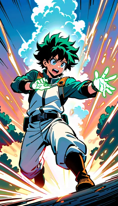 whole body, Izuku Midoriya, Green-haired boy with blue eyes, Wearing a green and white hero costume, Izuku Midoriya出自《my hero ac...
