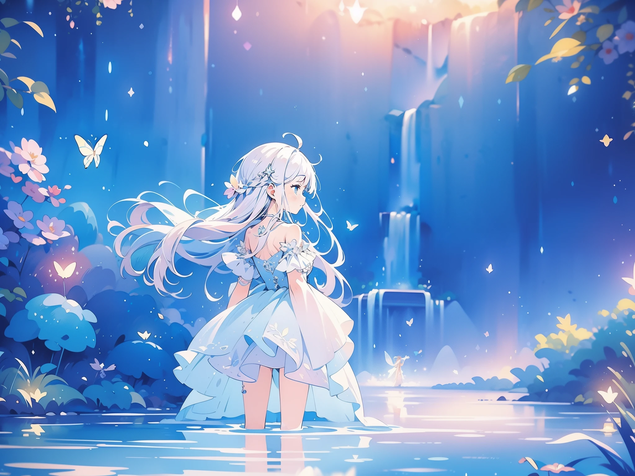 glowing fairies, beautiful girl in sparkling delicate white dress, glowing lights, fireflies, glowing butterflies, fairy creatures, watercolor illustration, vibrant pastel colors, dreamy, colorful, whimsical, magical, masterpiece, best quality, sharp focus, intricately detailed environment, fine detail, 8k resolution, waterfall lagoon, (magical lagoon), (waterfall, lake), 