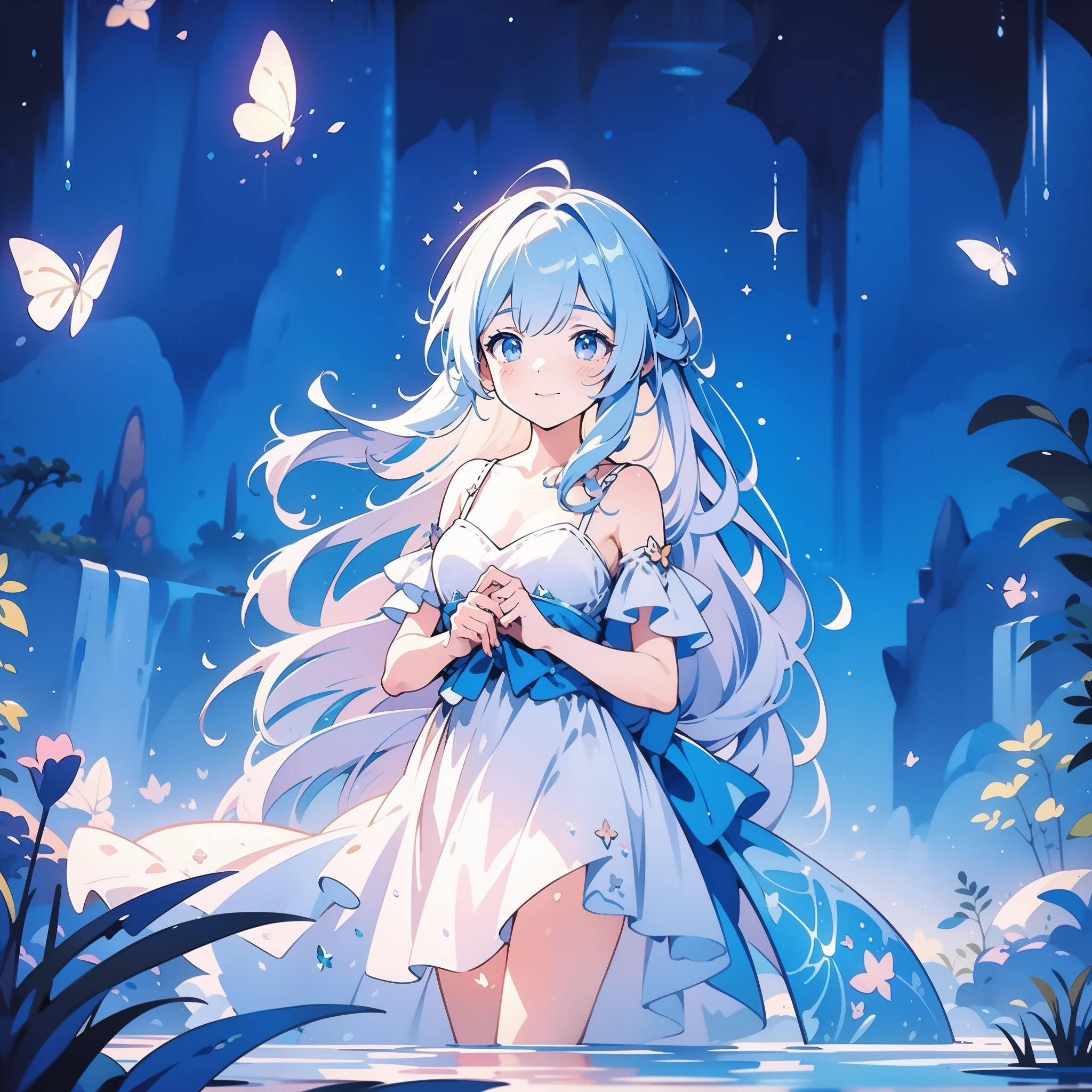 glowing fairies, beautiful girl in sparkling delicate white dress, glowing lights, fireflies, glowing butterflies, fairy creatures, watercolor illustration, vibrant pastel colors, dreamy, colorful, whimsical, magical, masterpiece, best quality, sharp focus, intricately detailed environment, fine detail, 8k resolution, waterfall lagoon, (magical lagoon), (waterfall, lake), 