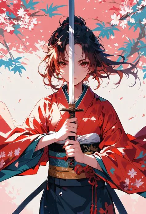 KINOMOTO SAKURA，Sword in both hands，Under the cherry blossom tree，kimono