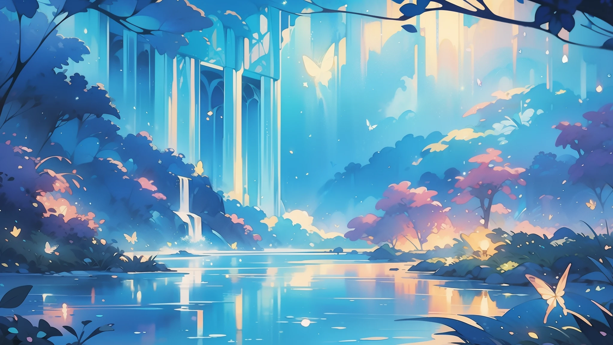 illustration, watercolor illustration, vibrant pastel colors, dreamy, colorful, whimsical, magical, masterpiece, best quality, sharp focus, intricately detailed environment, fine detail, 8k resolution, waterfall lagoon, (magical lagoon), (waterfall, lake), (glowing lights, fireflies, glowing butterflies