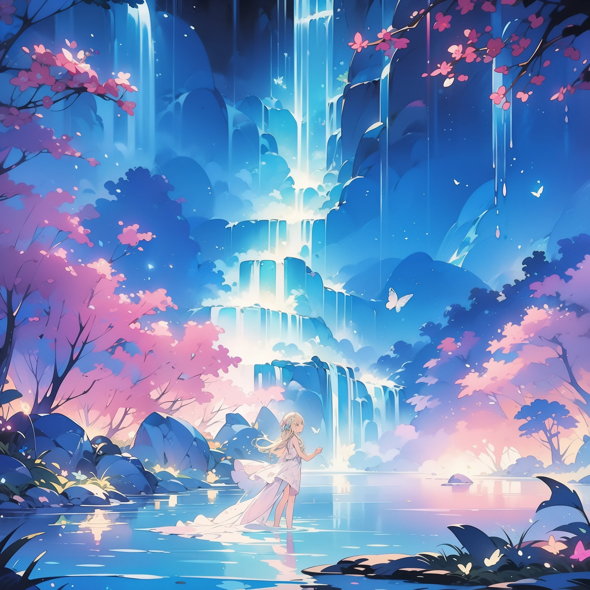 watercolor illustration, vibrant pastel colors, dreamy, colorful, whimsical, magical, masterpiece, best quality, sharp focus, intricately detailed environment, fine detail, 8k resolution, waterfall lagoon, (magical lagoon), (waterfall, lake), glowing lights, fireflies, glowing butterflies, fairy creatures, glowing fairies, beautiful girl in sparkling delicate white dress