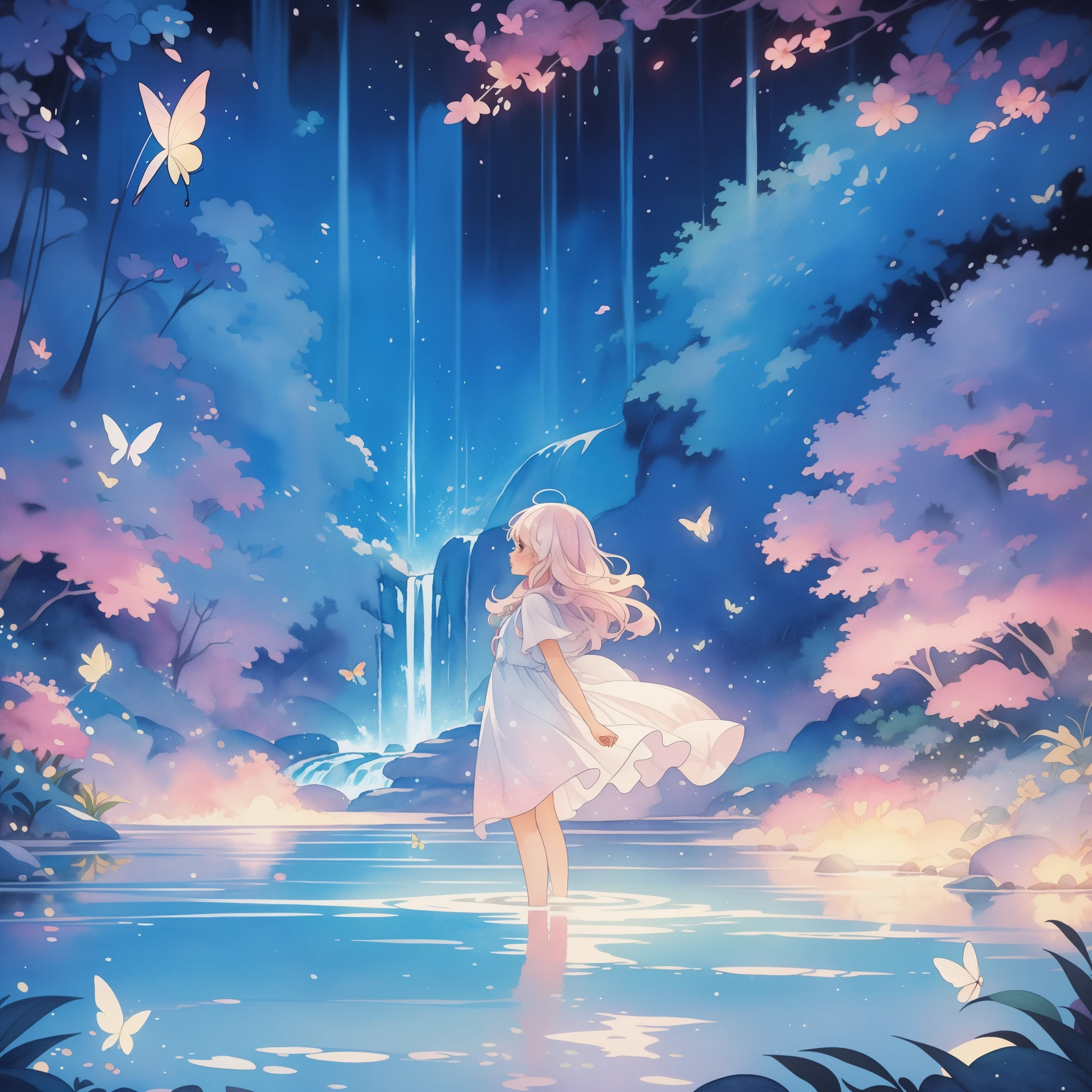 watercolor illustration, vibrant pastel colors, dreamy, colorful, whimsical, magical, masterpiece, best quality, sharp focus, intricately detailed environment, fine detail, 8k resolution, waterfall lagoon, (magical lagoon), (waterfall, lake), glowing lights, fireflies, glowing butterflies, fairy creatures, glowing fairies, beautiful girl in sparkling delicate white dress