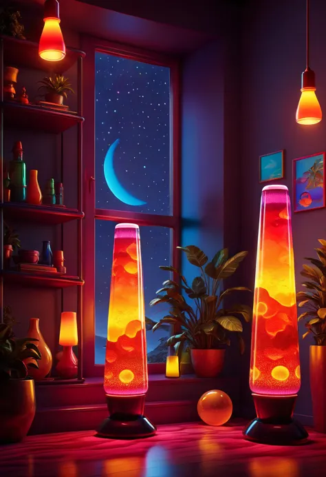 retro:1.5, lava lamps bright and beautiful:1.5, unreal engine:1.4,32K ultra realistic CG, photorealistic:1.4, night:1.4.