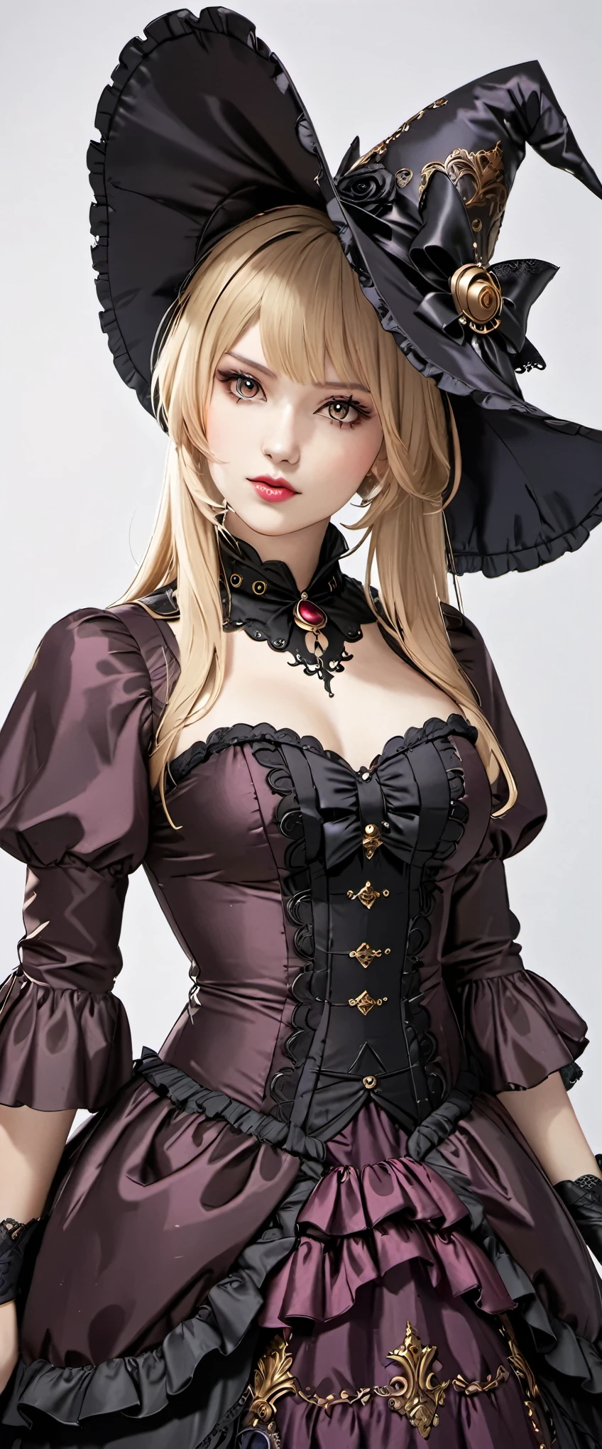 woman wearing dress and boots , baroque dress, wearing a detailed steampunk dress, elegant gothic princess, victorian gothic lolita fashion, historical baroque dress dark, black gothic lolita dress, fantasy style clothing, rococo dress, black rococo, classic witch, fantasy costume, wearing a gothic dress, romantic dress, gothic dress,blonde,,(((upper body portrait)))