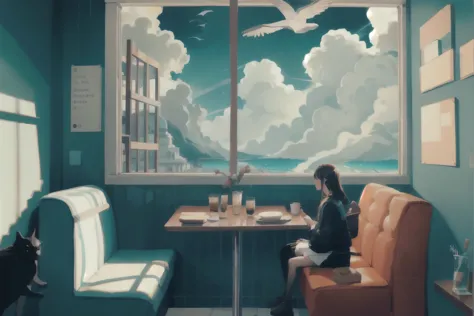 ((1 girl)), Cat,
surreal, coffee shop, fantasy, dream-like,  Ocean, Oceangull, flying whale, Flying elephant, flying eagle, 
