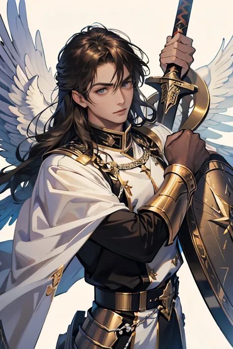 archangel michael、male、Angel big wings、Brown shoulder-length hair、Toplesuscle、armor、has a sword and shield、good looking