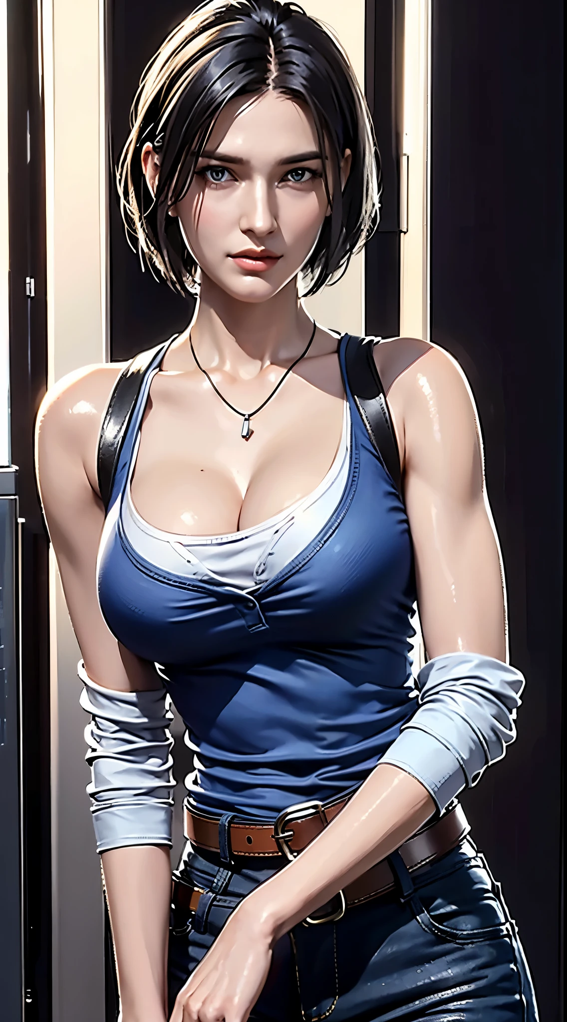 photorealistic, high resolution, 1women, mature female, solo, hips up, black hair, short hair, longsleeve blue shirt, belt, pants, police, cleavage, (downblouse), necklace,Jill Valentine - Resident Evil Series