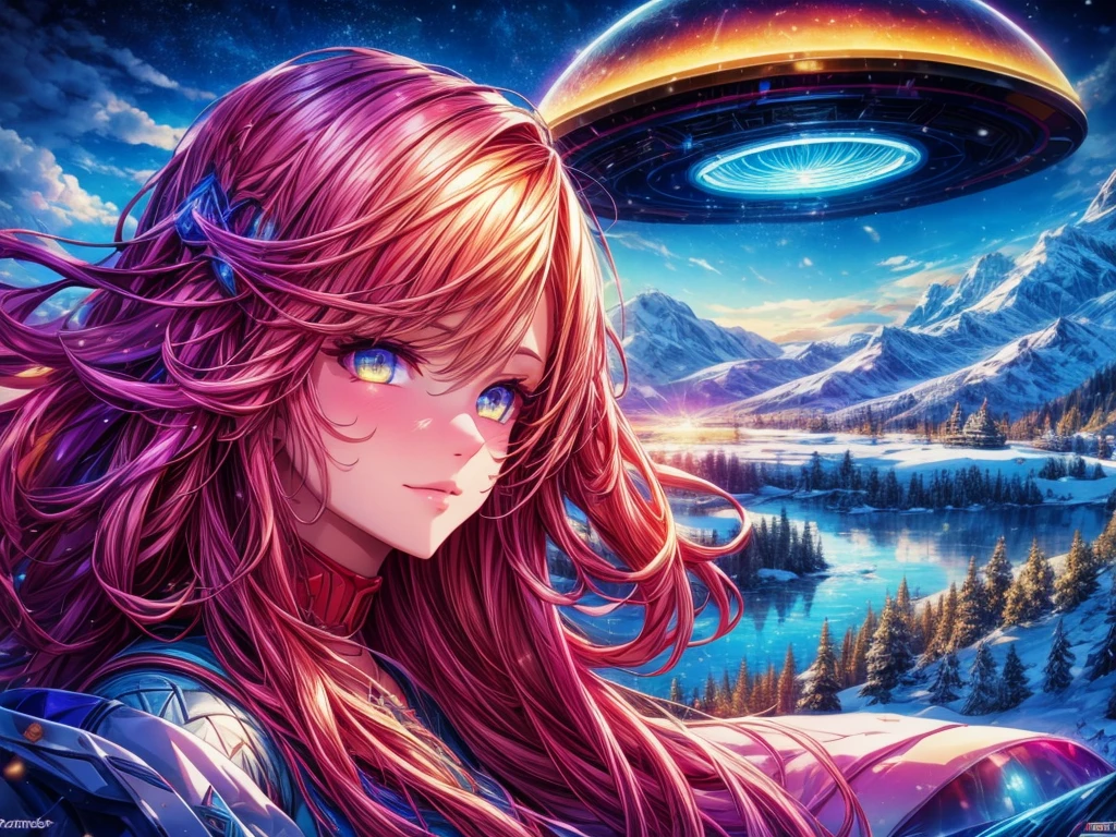 A girl looking up at a multicolored glowing UFO, snowy landscape, mountains, lake, illustrations, (best quality, 4k, highres, HDR, masterpiece:1.2), ultra-detailed, (realistic:1.37), portraits, vivid colors, studio lighting, vibrant colors, soft and warm lighting