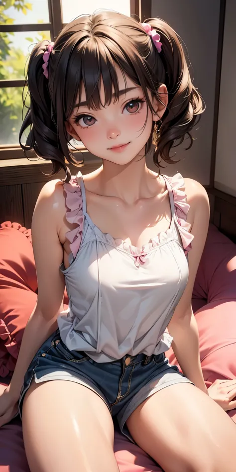 14yo,kiddy,   Adorable, Japan Girl,,(frilled tanktop,short pants,  upper_body)  ,curly hair , twintails, scrunchie, sitting on c...