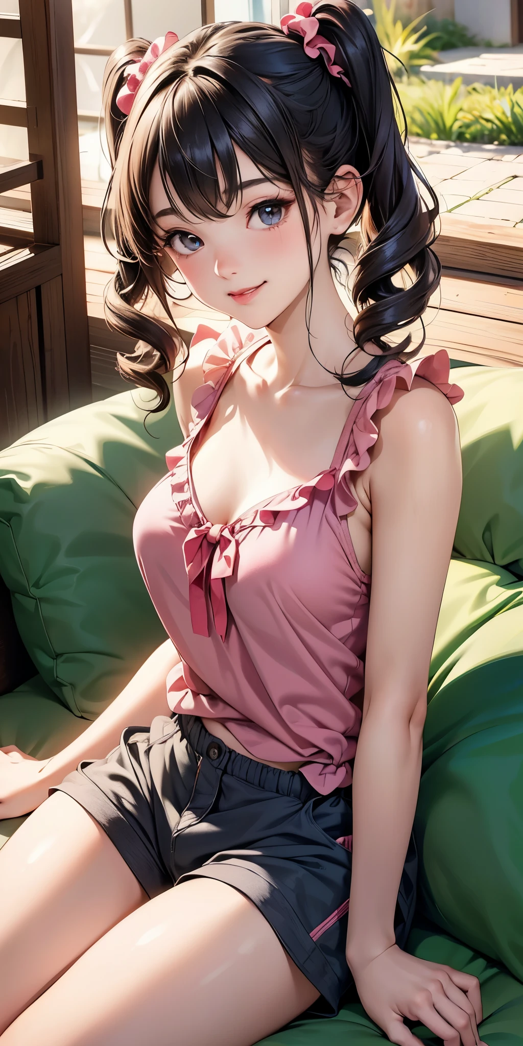 14yo,kiddy,   Adorable, Japan Girl,,(frilled tanktop,short pants,  upper_body)  ,curly hair , twintails, scrunchie, sitting on cushion, smile,  (catchlight:1.0),  (highlydetailed skin), (Best Quality:1.0), (超A high resolution:1.0) ,(photographrealistic:1.0), (ultra-detailliert:1.0), (8K, Raw photo:1.1), 