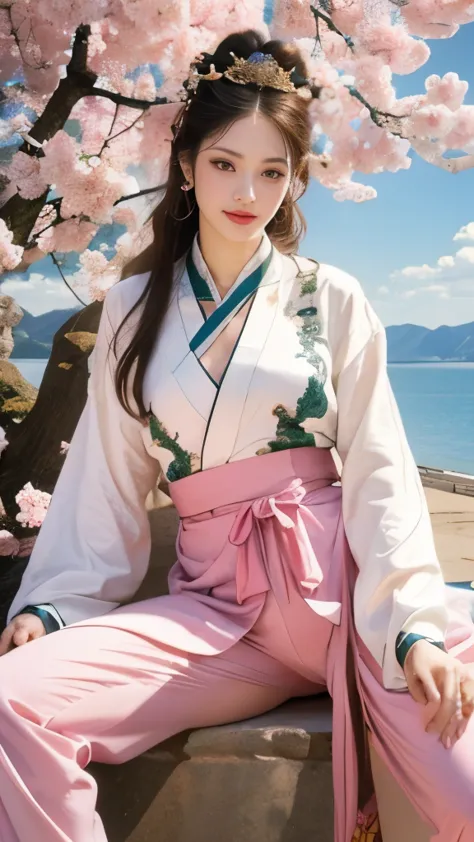 Blue sky and white clouds，Yunshan is far away、tower and many people，pink flowers，Cherry tree，hanfu woman,Phoenix Crown Tiara、Det...