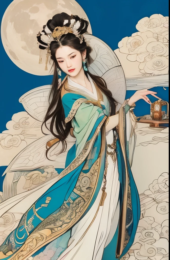 (杰作, 顶级品质, 最好的质量, 官方艺术, 漂亮又美丽:1.2), (1 中国女神，嫦娥仙子:1.5), 非常详细,(敦煌艺术:1.1),(敦煌，丰富多彩的:1.1)(花朵:1.3),最详细,(纠结的:1.2), (动态飞行姿态，脚踏白云), (蓝天, 白云和明亮的月亮背景:1.3), (中国传统汉服面料:1.2), (有光泽的皮肤), (很多颜色:1.4), ,(耳环:1.4),