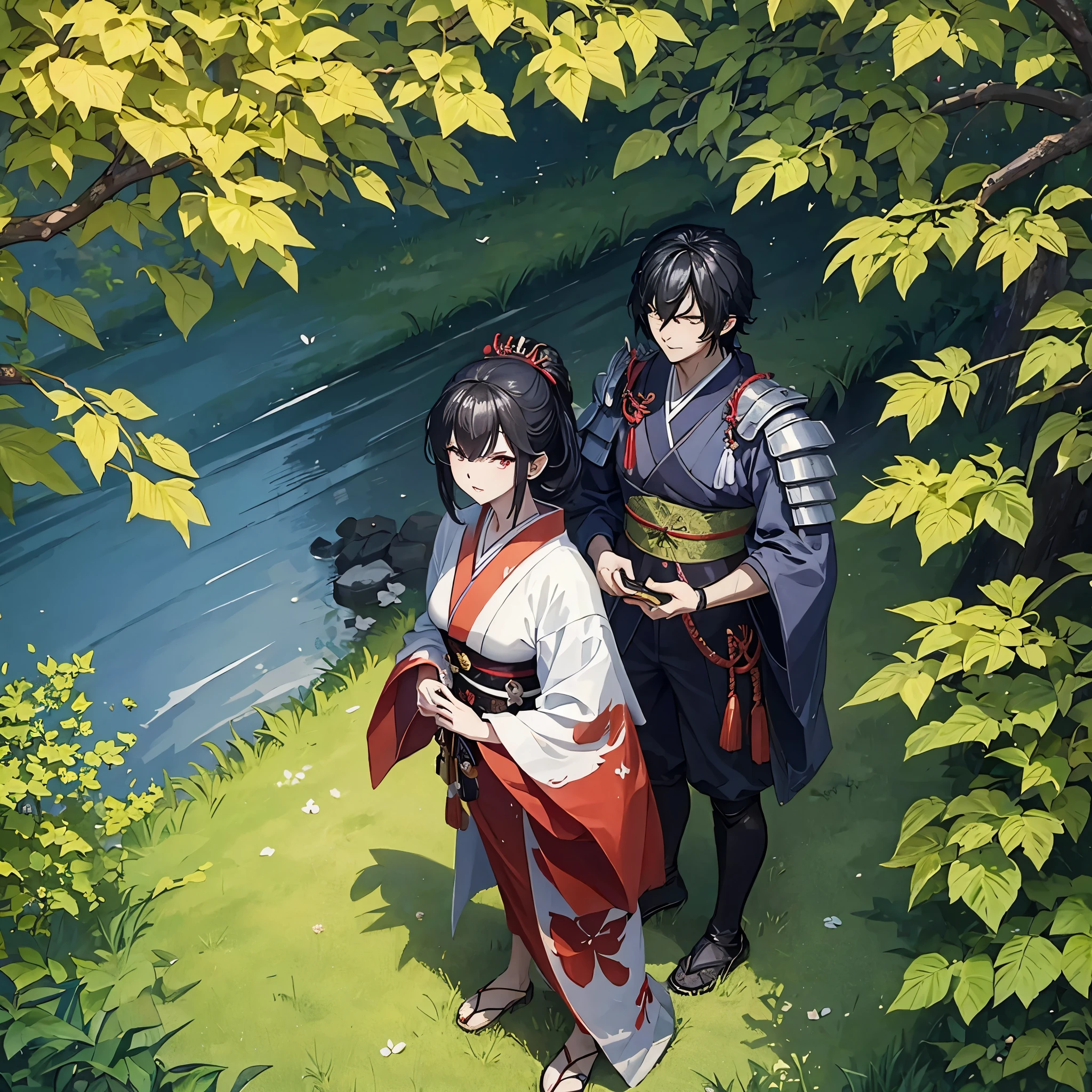 A man in samurai armor together with his wife dressed as a geisha, in a Japanese garden with several trees with yellow leaves, ultra resolution, masterpiece, very detailed. 2k hd
