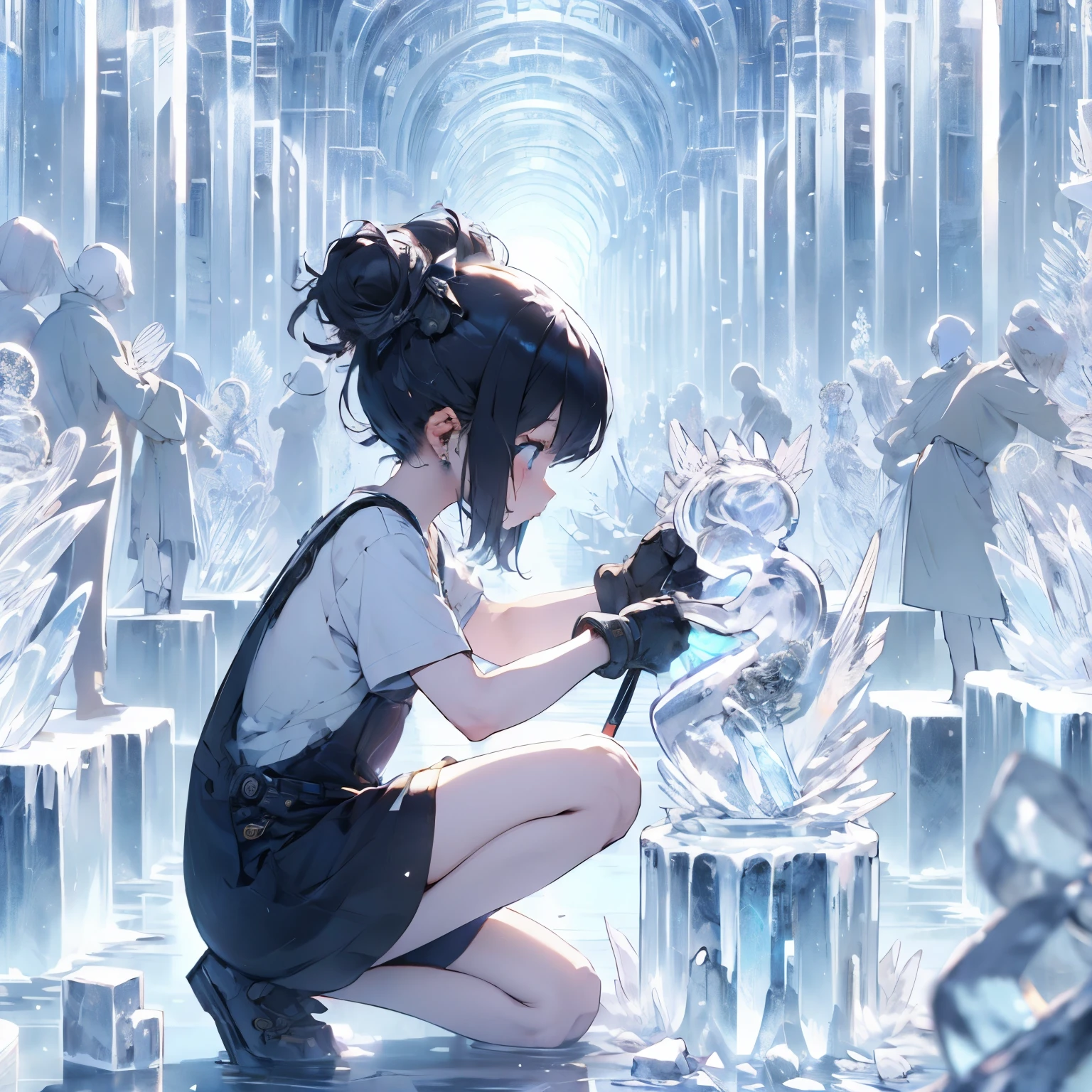 Anime girl carving an ice sculpture, trending on artstation pixiv, mechanized valkyrie girl, anime fantasy illustration, mechanical aesthetics, Kushat Kents, mechanized soldier girl, anime fantasy artwork, anime mecha aesthetics, Gweizart Station pixiv, detailed anime character art, anime style 4k, anime illustration