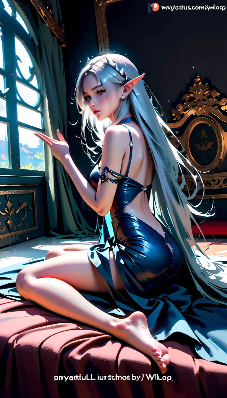 whole body，Haiqinyan by WLOP, Elf Queen Pictures, blue eyes, Long silver hair, long ears, comics《magic sword》heroine, fantasy art style, Beautiful illustration, elegant gesture, blue dress, sitting on bed, fantasy photography, Elf princess temperament, Top model beauty