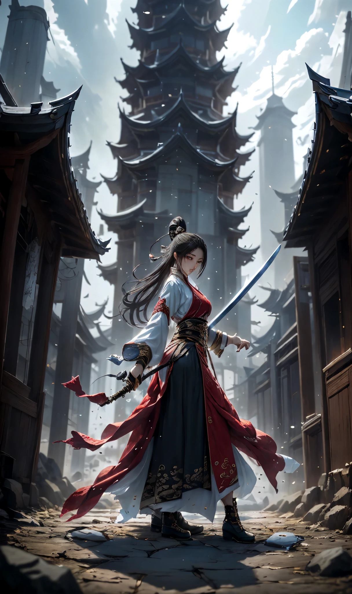 Replace the people in the picture，One was dressed in a red robe、Arafad image of woman holding sword, g liulian art style, critical art, cgsociety and fenghua zhong, chengwei pan on artstation, she holds a sword, Full body martial arts, With a big sword, wuxia, Badass Anime 8K, xianxia hero