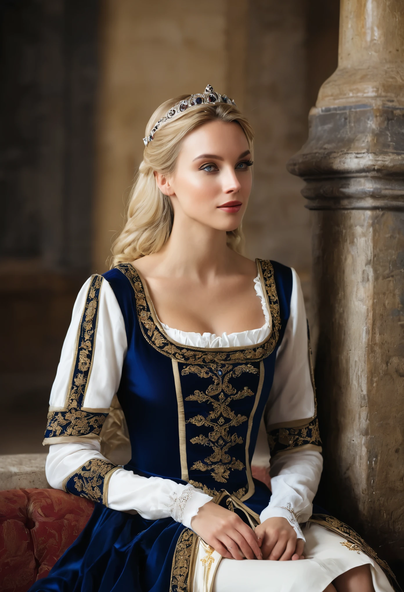 wrc style, beautiful woman, blond, sitting, royal outfit, royal chamber, medieval setting