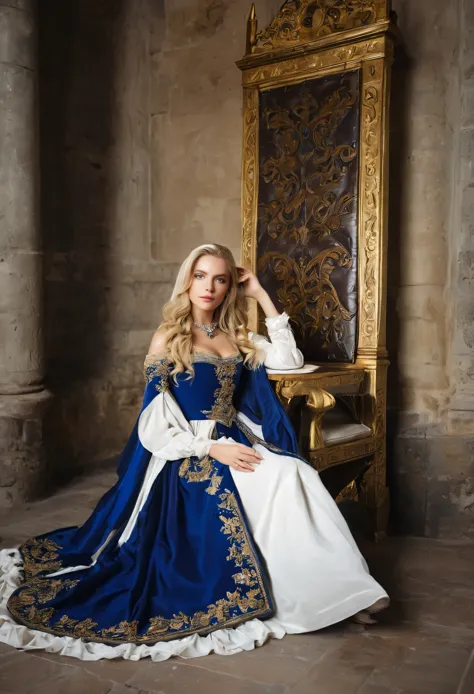 wrc style, beautiful woman, blond, sitting, royal outfit, royal chamber, medieval setting
