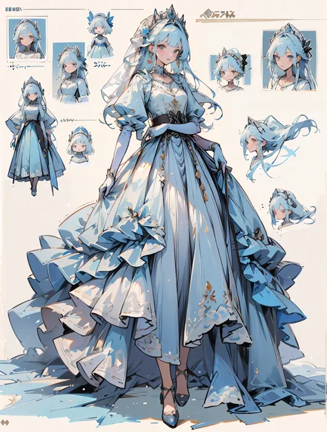 ((best quality high resolution)), blue ballgown in illustration showing many dolls of various types being used to make a wedding gown, dress, 1girl, jewelry, long hair, necklace, gloves, blue gloves, earrings, blue dress