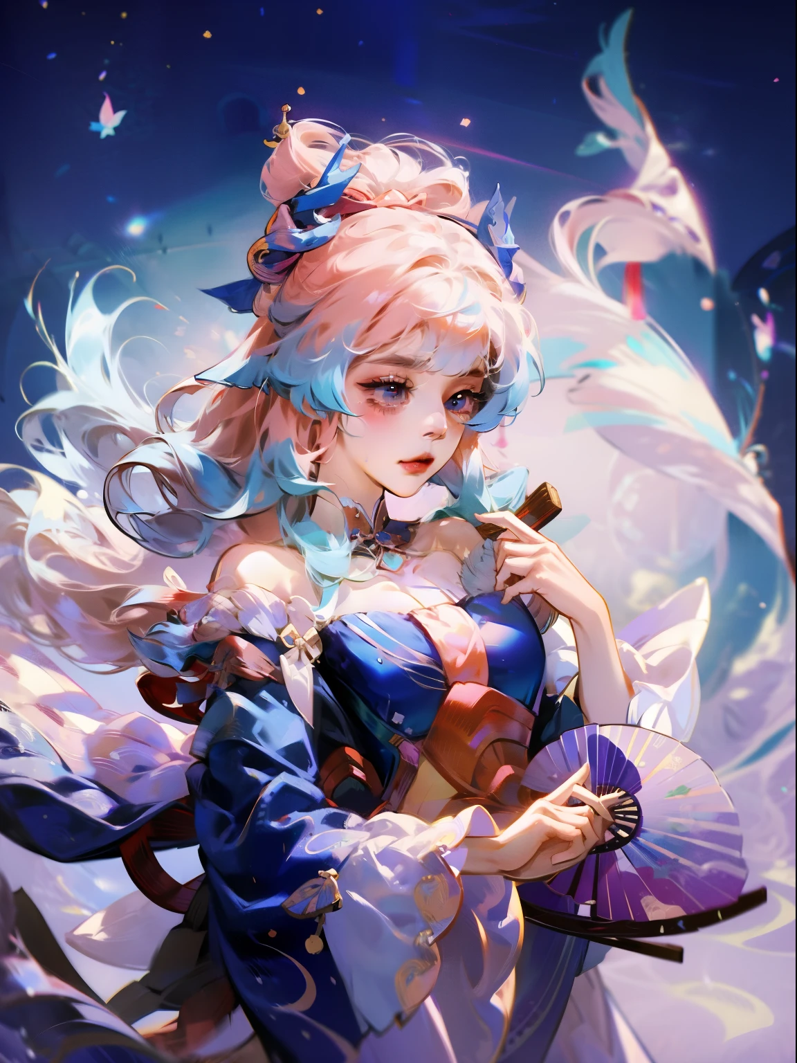 Anime girl with flowers and fan in her hair, beautiful fantasy queen, ((beautiful fantasy queen)), Inspired by Lan Ying, japanese goddess, palace ， A girl wearing Hanfu, guweiz style artwork, guweiz, Inspired by Qiu Ying, Queen of China, Hungry Ghost Festival, beautiful figure painting
