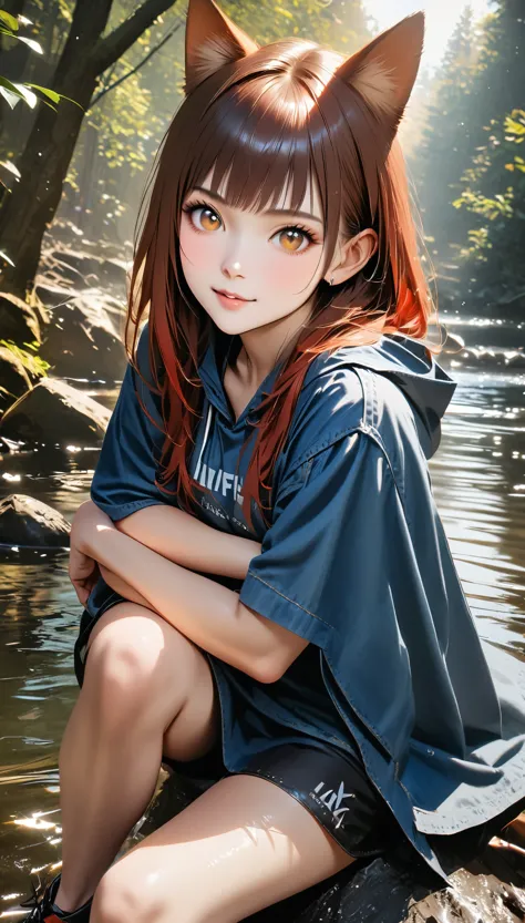 8K, best quality, (lifelike:1.4), original photo, 1 girl, Red hair, Animal ears, blue hooded cloak, ears sticking out, posture: sitting on rocks in forest river, yellow eyes,  -