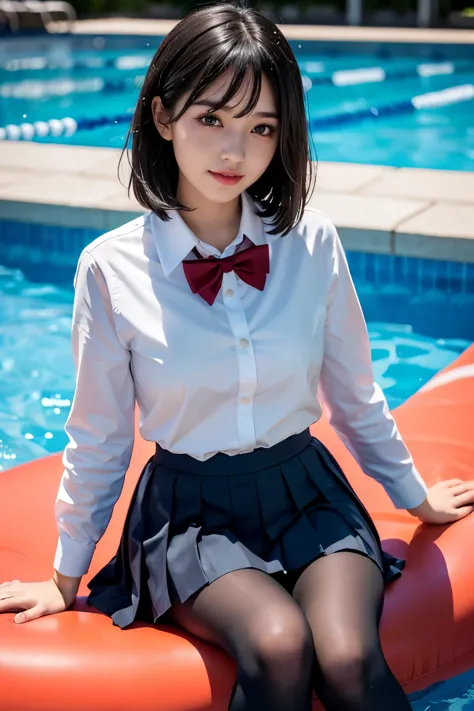 (((Beautiful girl in her school uniform riding a large float floating in the pool)))、(((wet 、wet bob hair、Wet hair、pleated skirt...