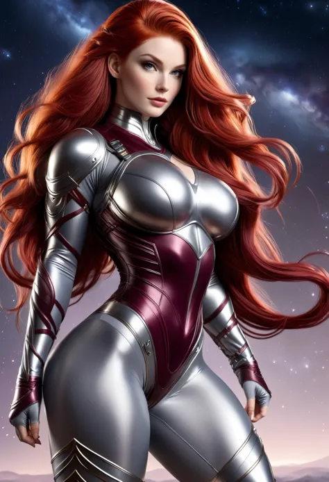 BOMBSHELL RED HAIR VALKYRIE, PALE SKIN, LIGHT GRAY EYES, HIGH CHEEKBONES, ROSY CHEEKS, MENTAL FORAMEN, HUGE LONG HAIR, DOUBLE BR...