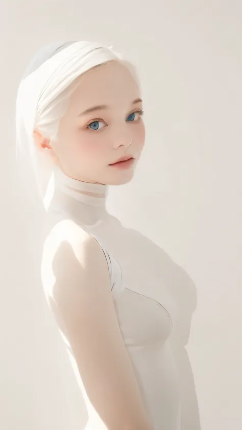 one girl、anatomy、Angle above the knee、albino:1.3、unparalleled beauty、16 only、Silky white hair、clear blue eyes、plump lips、black l...