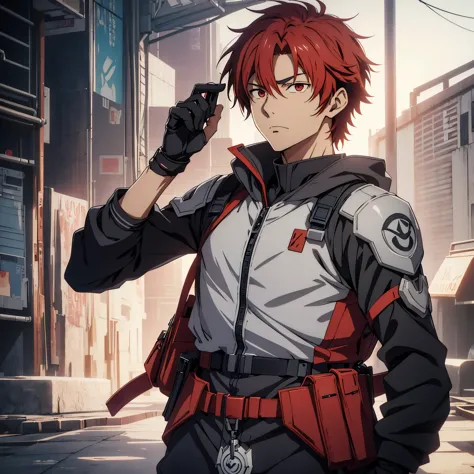 
1 male, solo, red hair , 17 years old, looking away from the camera, anime character wearing combat suit, kaworu nagisa, anime ...