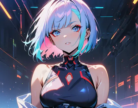 cyberpunk edgerunners, 1 girl, Lucy (cyberpunk), bare shoulders, blue eyes, breast, tights, looking at the audience, medium breast, Off the shoulders夹克, Off the shoulders, red eyeliner, short hair, sleeveless turtleneck tights, alone, turtleneck tights, wh...