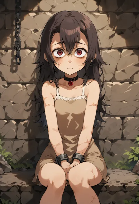 score_9, score_8_up, score_7_up, score_6_up, stone wall background,1girl, solo, (red eyes:1.3), choker, shackles, chains, cowboy shot, open legs, sitting, feet, toes, hands on the sides, OverallDetail, komekko,, (masterpiece, best quality, absurdres), sour...