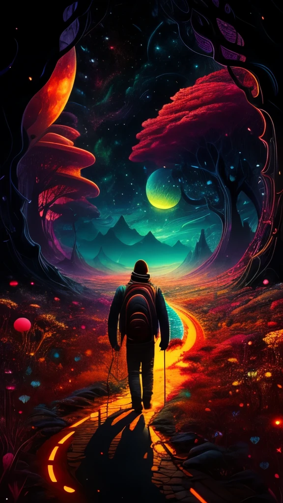 A man walks along a colorful path with a starry sky, Psychedelic illustration, Surreal psychedelic design, colorful illustration, Surreal colors, colorful concept art, colorful flat surreal ethereal, Psychedelic therapy, psychedelic trip, psychedelic experience, Inspired by Cyril Rolando, Psychedelic surrealist art, colorful flat surreal, psychedelic aesthetics, lost in a lucid dream, extremely psychedelic experience.
