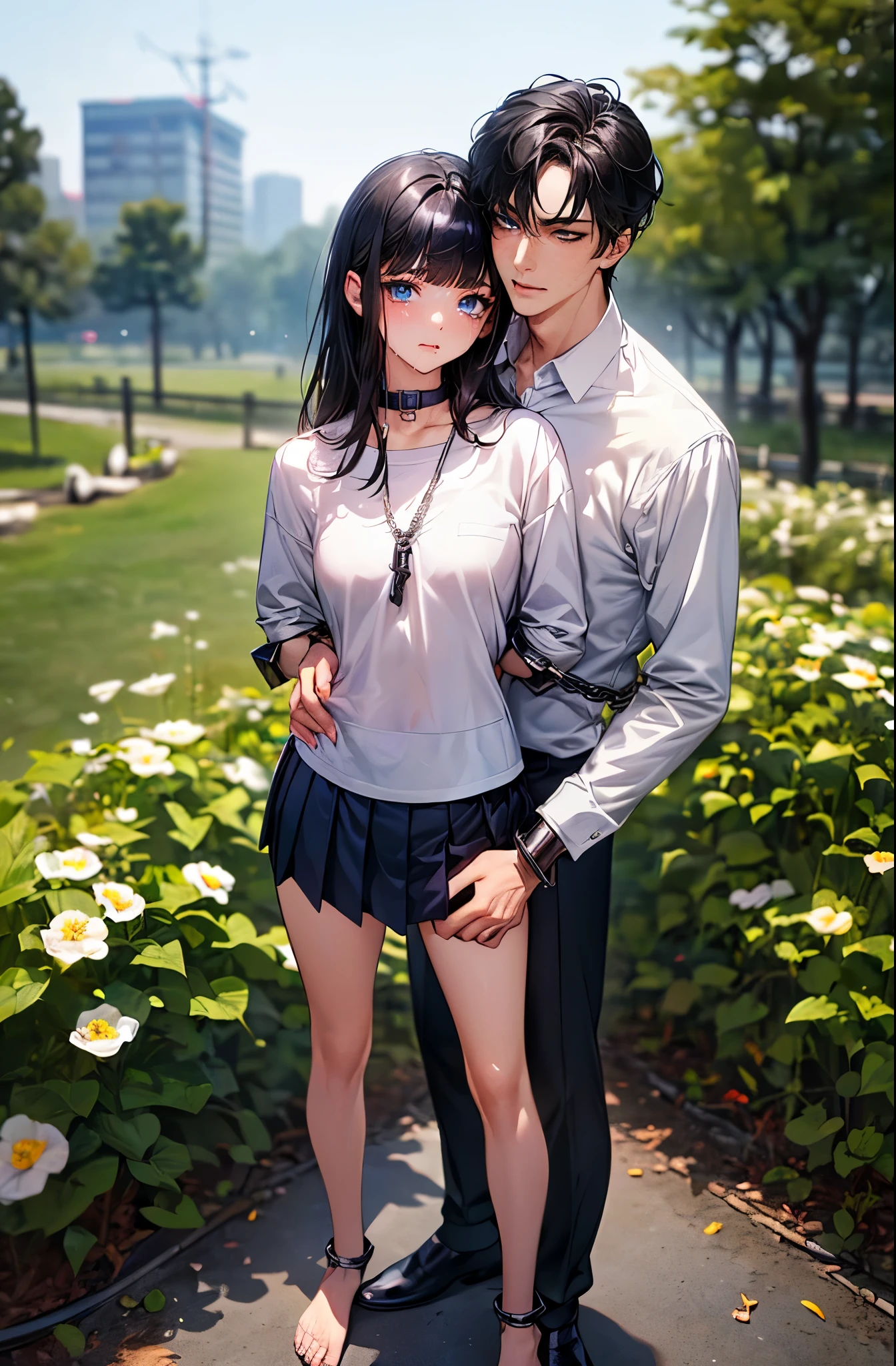 Anime couple posing for picture in park with flowers and trees - SeaArt AI