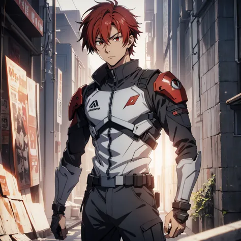 1 male, solo, red hair , 17 years old, looking away from the camera, anime character wearing combat suit, kaworu nagisa, anime h...