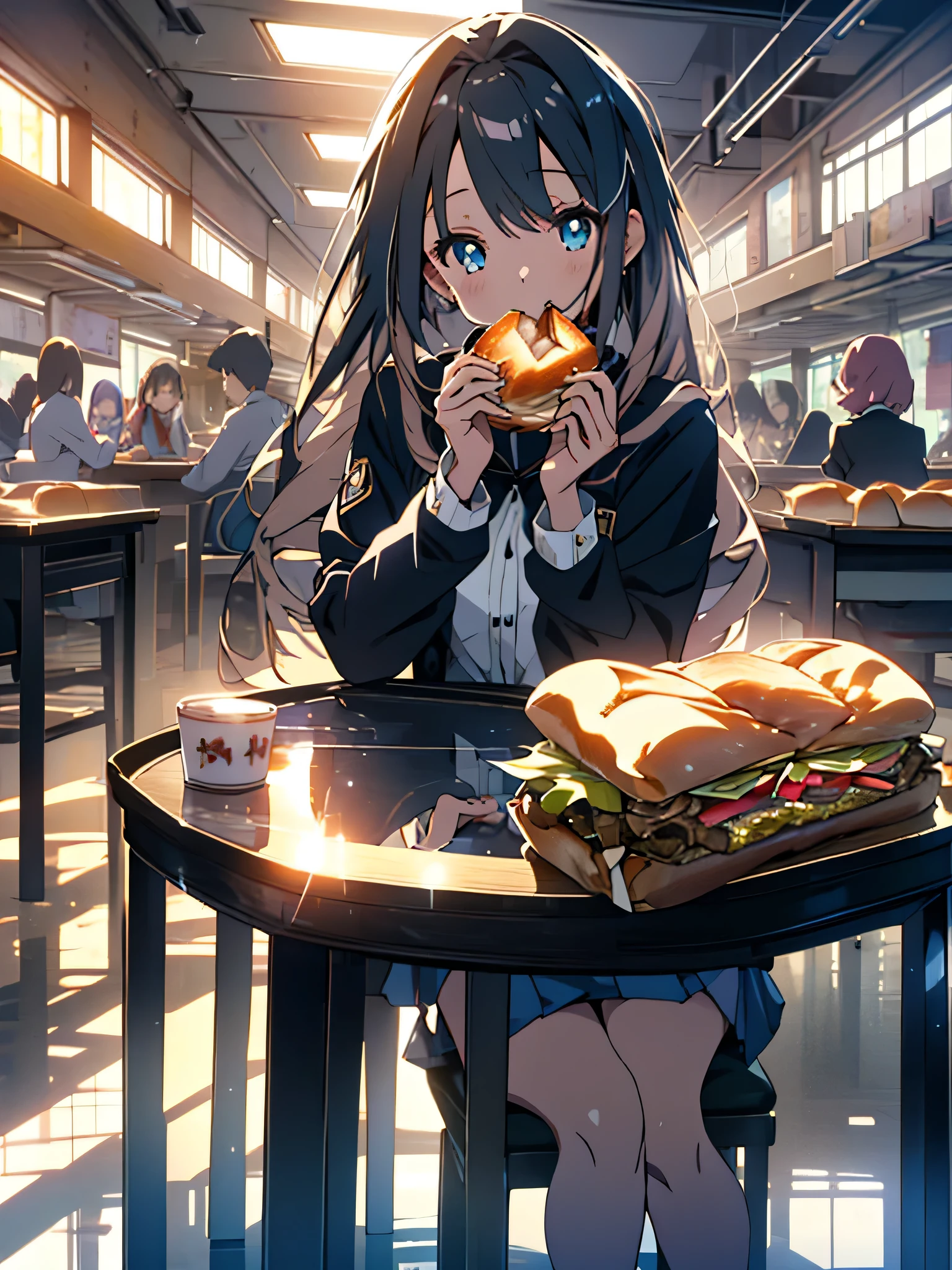 (8K, highest quality, masterpiece, ultra high resolution: 1.2),(shining eyes、detailed beautiful face),classroom,(2 high school girls) ,friends laugh together、(uniform、mini skirt),(sit at the table and eat a hot sandwich)、(The whole body is reflected),peaceful daily life,fun atmosphere、beautiful anime