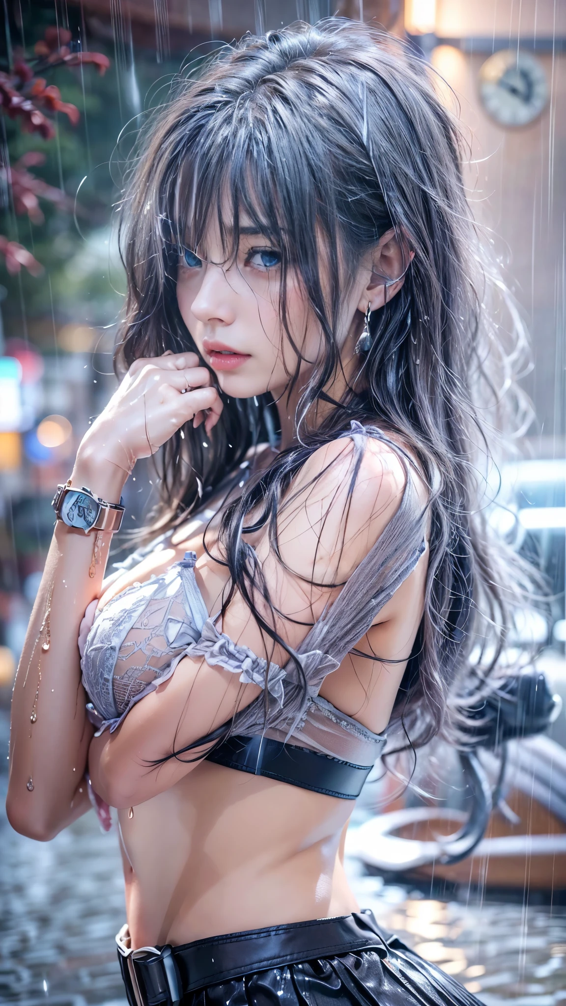 (RAW shooting, Photoreal:1.5, 8K, highest quality, masterpiece, ultra high resolution), perfect dynamic composition:1.2, Night street corner of a modern city, expression of sadness:0.3, (((Typhoon heavy rain))), Highly detailed skin and facial textures:1.2, Slim office lady wet in the rain:1.3, Fair skin, sexy beauty:1.1, perfect style:1.2, beautiful and aesthetic:1.1, very beautiful face, water droplets on the skin, (rain drips all over my body:1.2, wet body:1.2, wet hair:1.3), (wet office skirt:1.2, wet office lady uniform:1.3), belt, (Medium chest, Bra see-through, Chest gap), (cry, lovelorn, The expression on your face when you feel intense caress, Facial expression when feeling pleasure), (beautiful blue eyes, Eyes that feel beautiful eros:0.8), (Too erotic:0.9, Bewitching:0.9), cowboy shot, Shoulder bag, necklace, earrings, bracelet, clock
