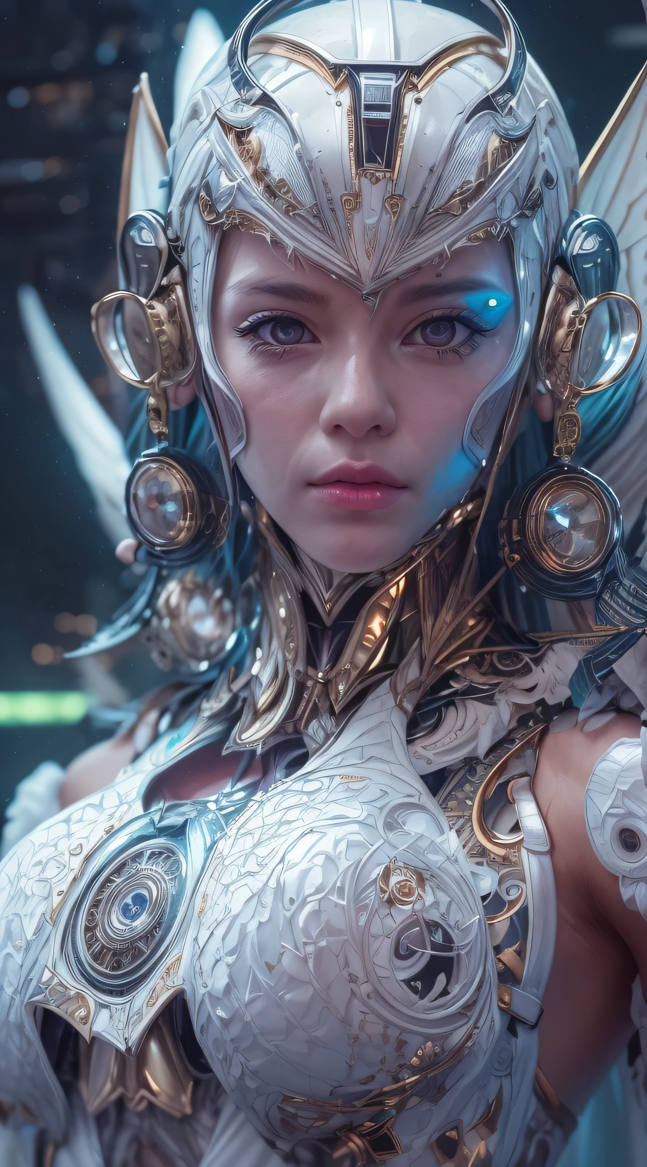 top-quality、​masterpiece、超A high resolution、(Photorealsitic:1.4)、Raw photo、Cyborg Angel、large wings made of metal、White porcelain body、white hair、glowy skin、1 Cyborg Girl、((super realistic details))、portlate、globalillumination、Shadow、octan render、8K、ultrasharp、character edge light,Colossal 、Raw skin exposed in the cleavage、Details of complex ornaments、Detailed hydraulic cylinders from Sumer、Small LED lamp、highly intricate detail、Realistic light、a purple eye、Eyes shining towards the camera、neon details、cowboy shot、Futuristic headgear、About Cyberpunk、、((dogfighting in the air))