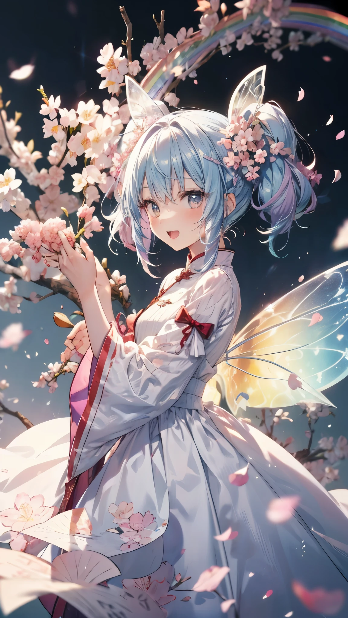 cherry blossoms、cherry blossoms満開、fairy girl、little fairy、rainbow fairy wings、flying、use magic、magic circle、cherry blossomsを咲かせる、((cherry blossomsの木))、fantastic park、Chinese style、falling petals、dynamic angle,cinematic,masterpiece,best quality,high quality,detailed,high resolution,8k,wallpaper,beautiful fingers,beautiful hands,fingertip,((rainbow hair:1.4)),open mouth,smile,twintails,ban hair,small heads