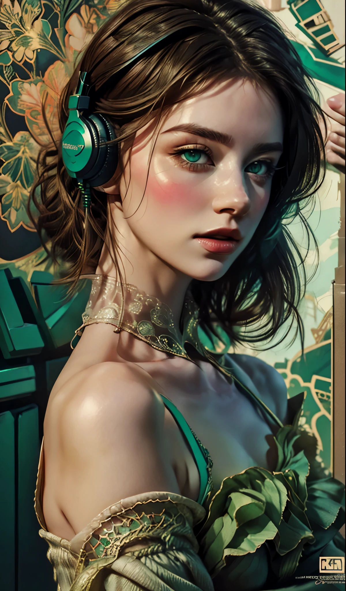 戴著耳機的模特兒女孩, 城市背景, 翠綠色的眼睛, 複雜的細節, 美觀柔和的色彩, 海報背景, 康拉德·羅塞特和伊利亞·庫夫希諾夫的藝術作品