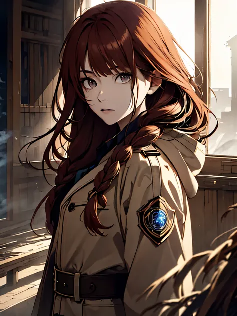 Woman, long red hair, braids, messy hair, brown eyes, light in the eyes, women's overcoat, blue katana, uniform clothes, dark ci...