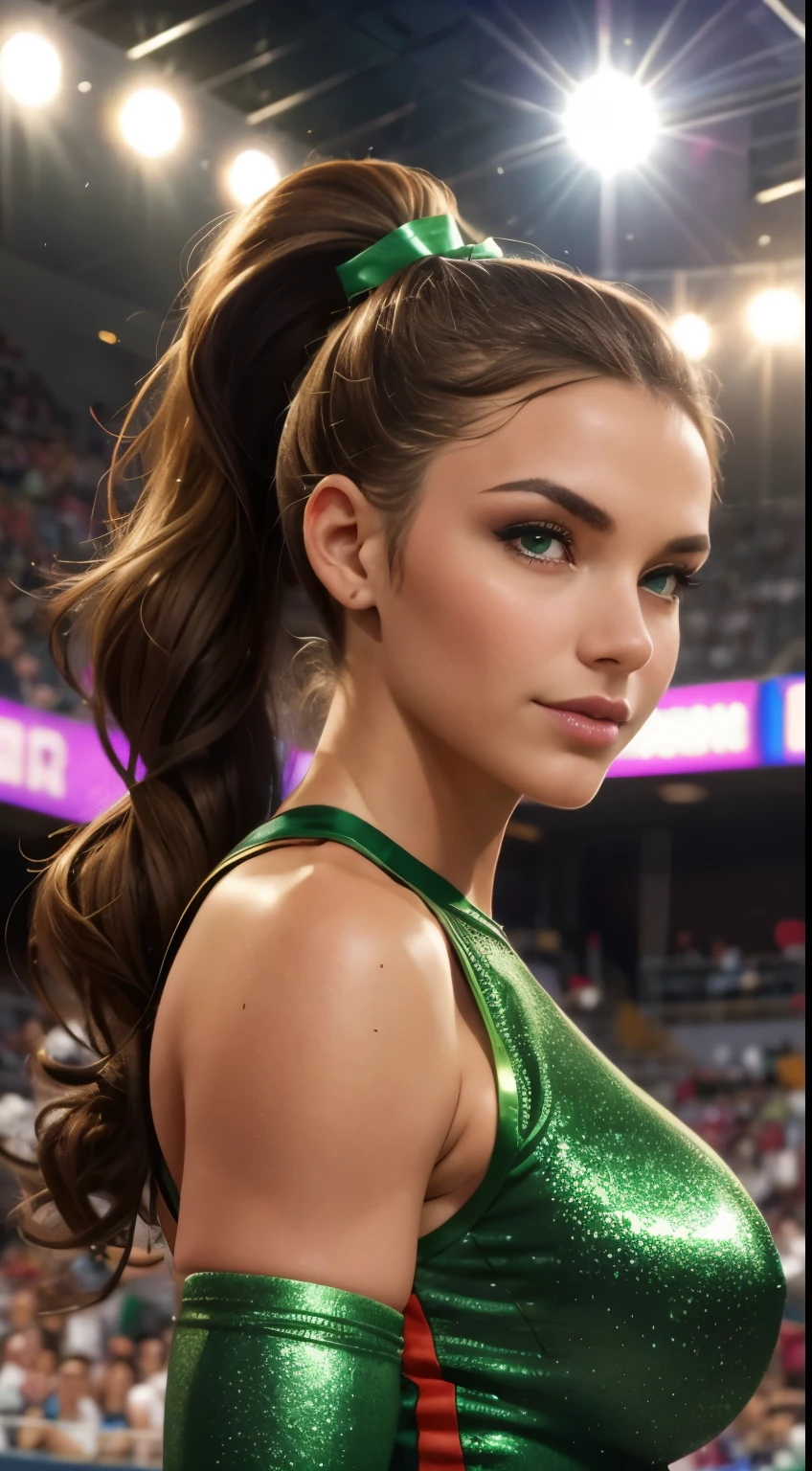 (best quality,4k,8k,highres,masterpiece:1.2),ultra-detailed,(realistic,photorealistic,photo-realistic:1.37),sexy cheerleader,brown-haired cheerleader,green-eyed cheerleader,green and red outfit,beautiful face,long and curly brown hair,detailed eyes and face,wearing a tight and revealing cheerleader outfit,busty cheerleader with large breasts,confident and seductive expression,ponytail hairstyle,dancing with high energy,pompoms in hand,cheerleader in a dynamic pose,athletic build and toned body,perfectly applied makeup,cheerleader with a radiant smile,sparkling green eyes,focus on the cheerleader's sexy and shapely figure,background with a stadium filled with cheering fans,vivid colors and realistic details,studio lighting to enhance the cheerleader's features,photography style for a captivating and glamorous result 