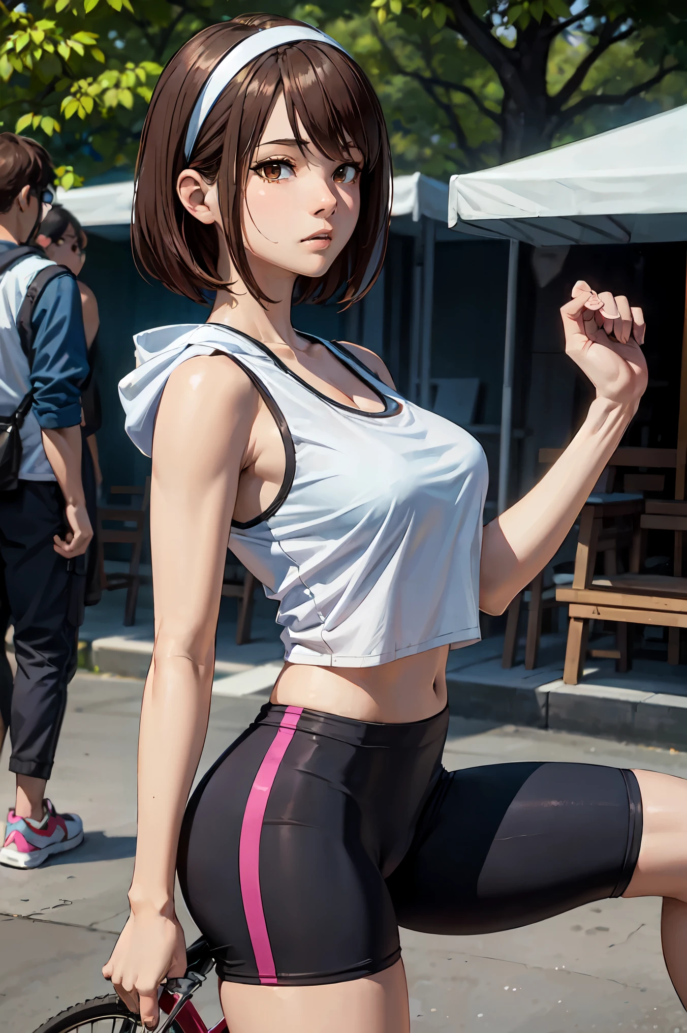 masterpiece, best quality,1girl,young girl,brown eyes,burn hair,lonely _face,shiny skin,(nice leg line:1.3),thin waist,huge breasts,
BREAK
Cycling shorts, mesh tank top, hoodie, sneakers, and sweatband
BREAK
around crowd:1.1,depth of field,looking at viewer,wariza,from side,upper body