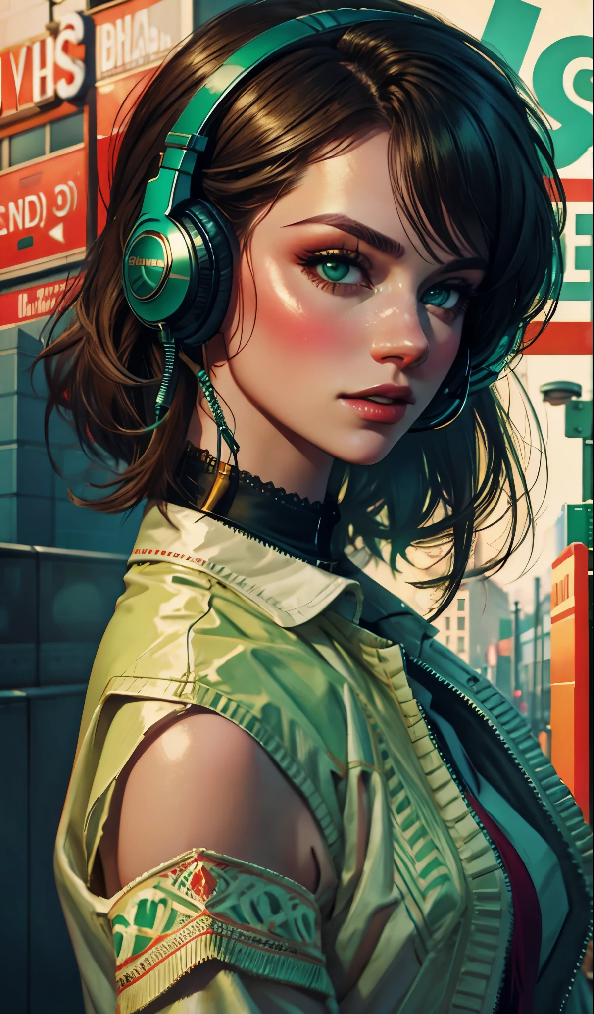 model girl wearing headphones, city background, emerald green eyes, intricate details, aesthetically pleasing pastel colors, poster background, art by conrad roset and ilya kuvshinov