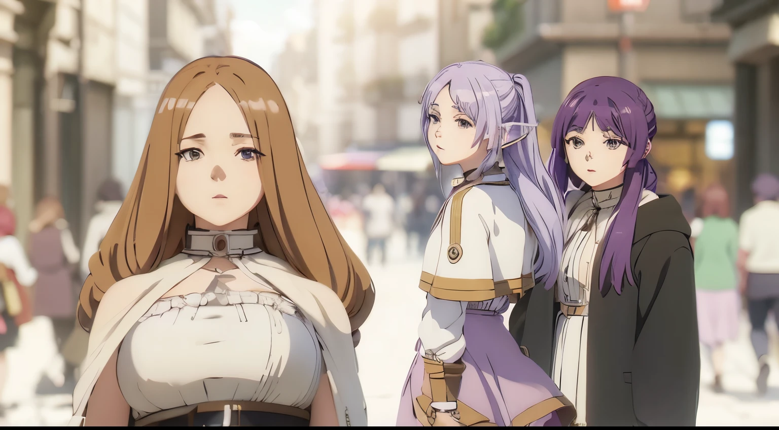 ((best quality)), ((masterpiece)), (detailed), 3 girls , anime characters in a city street with people walking by, anime in fantasy style, characters from soso no frieren, frieren anime, anime stylized, frieren, fern, masterpiece,8k, great quality , (detailed cloudscape:1.3), (high-resolution:1.2)