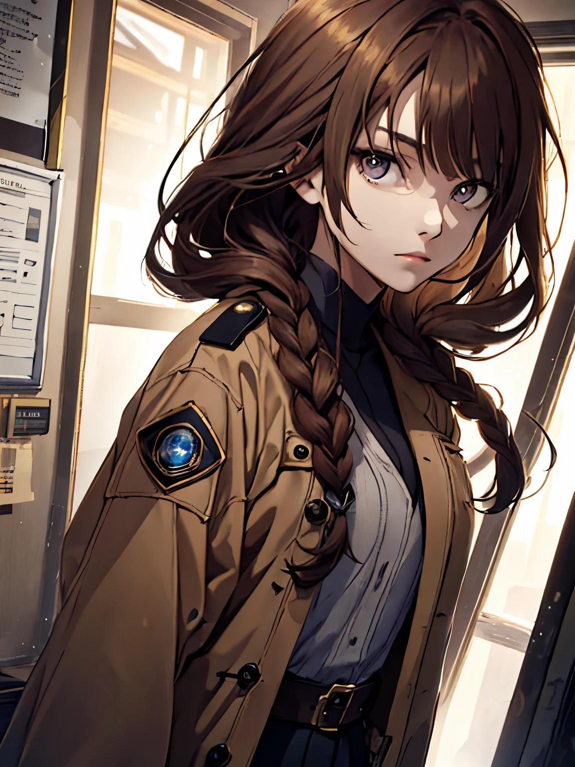 Woman, long brown hair, braids, bangs, messy hair, brown eyes, light in eyes, women's overcoat, blue katana, uniform clothes, dark city with broken background, locks of hair
